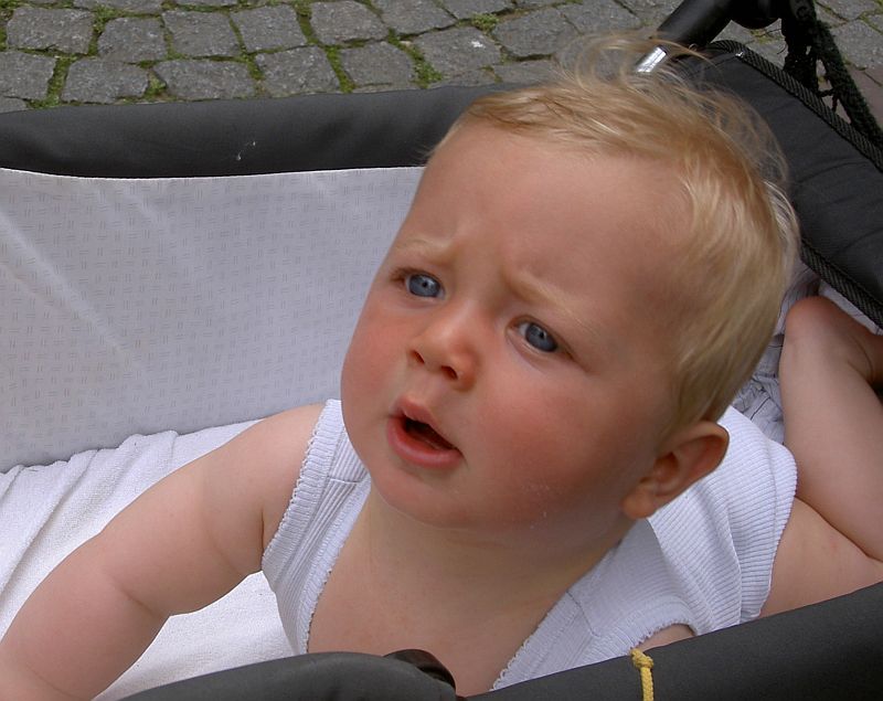 Oskar Vogel im Kinderwagen auf dem Bauch liegend stützt sich hoch.